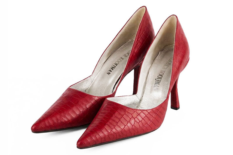 Dress pumps open arch in scarlet red leather with high slim heels and pointed toe - Front view